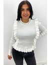 WHITE - 'MILOU' - RIBBED RUFFLE TOP