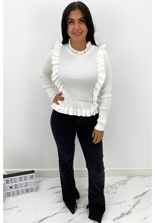 WHITE - 'MILOU' - RIBBED RUFFLE TOP