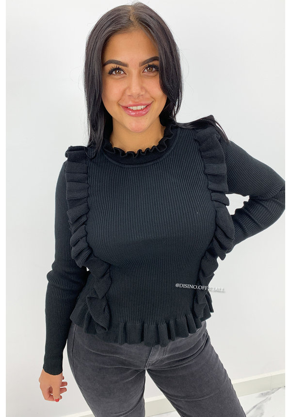 BLACK - 'MILOU' - RIBBED RUFFLE TOP