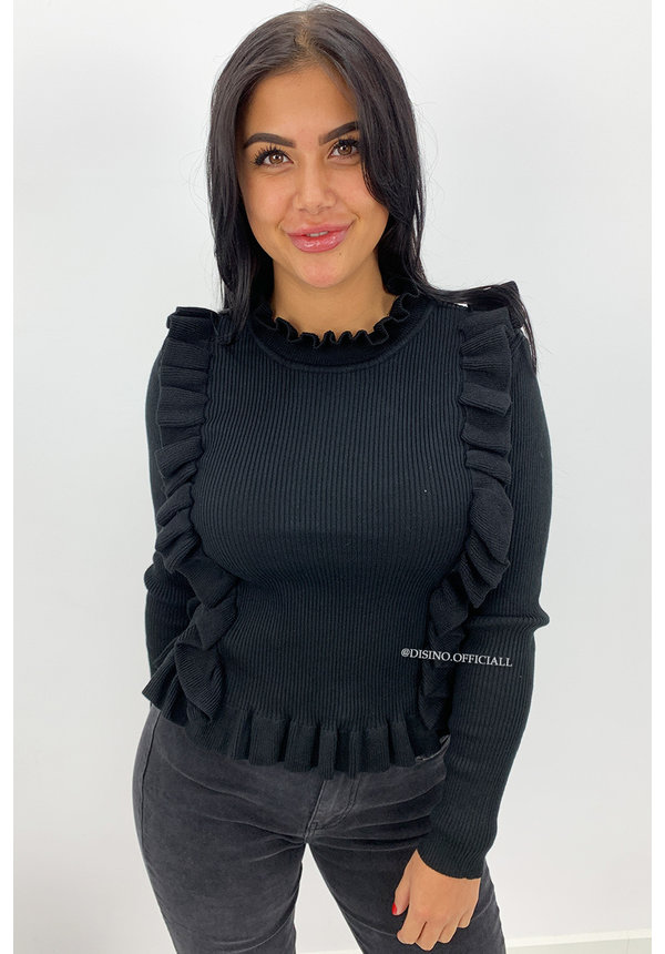 BLACK - 'MILOU' - RIBBED RUFFLE TOP