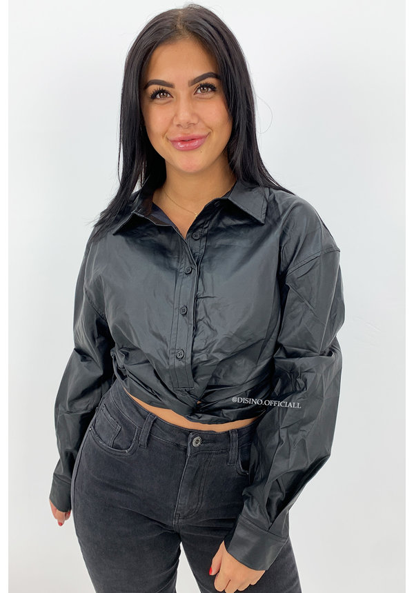 BLACK - 'CARMEN' - VEGAN LEATHER CROP BLOUSE