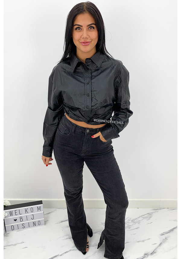 BLACK - 'CARMEN' - VEGAN LEATHER CROP BLOUSE