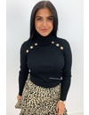 BLACK - 'BRENDA' - GOLD BUTTON RIBBED COL TOP