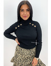 BLACK - 'BRENDA' - GOLD BUTTON RIBBED COL TOP