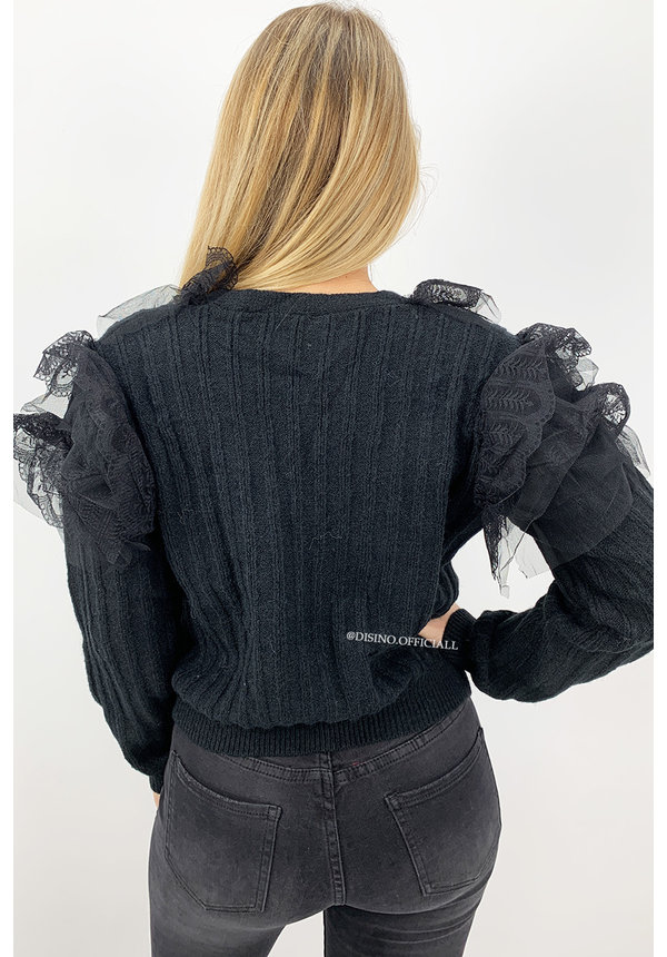 BLACK - 'MARIAH' - SOFT KNIT MESH RUFFLE VEST