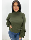 KHAKI GREEN - 'ELLIS' - RIBBED RUFFLE SLEEVE TOP