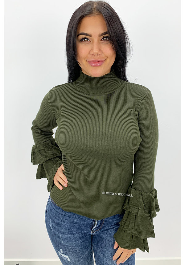 KHAKI GREEN - 'ELLIS' - RIBBED RUFFLE SLEEVE TOP