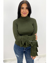 KHAKI GREEN - 'ELLIS' - RIBBED RUFFLE SLEEVE TOP