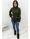 KHAKI GREEN - 'ELLIS' - RIBBED RUFFLE SLEEVE TOP