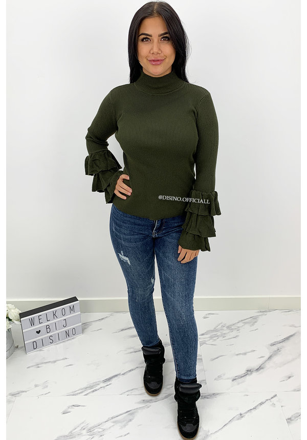 KHAKI GREEN - 'ELLIS' - RIBBED RUFFLE SLEEVE TOP