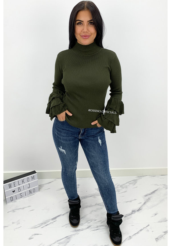 KHAKI GREEN - 'ELLIS' - RIBBED RUFFLE SLEEVE TOP