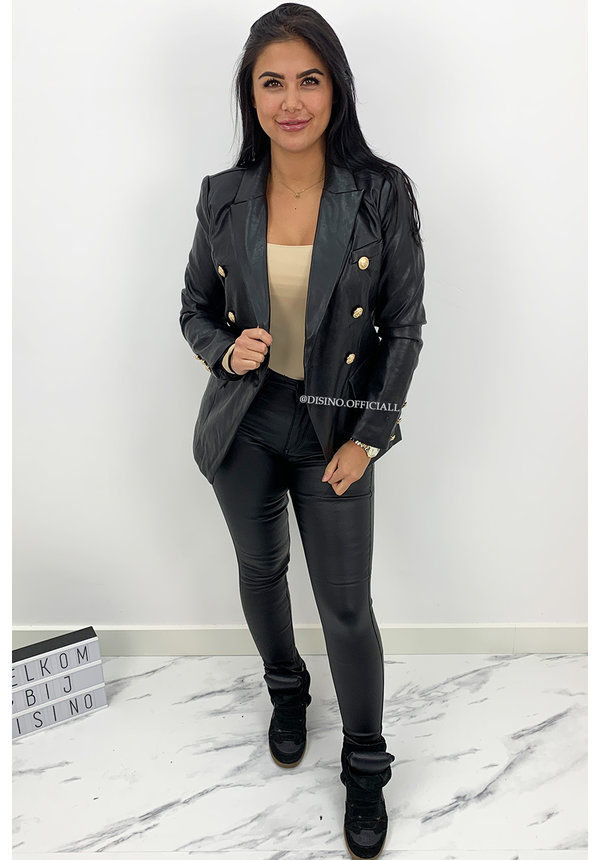 BLACK - 'BALMAINY' - VEGAN LEATHER GOLD BUTTON BLAZER