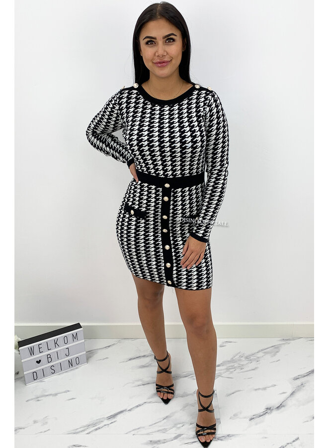 BLACK - 'DAVINA' - INSPIRED PRINT GOLD BUTTON DRESS