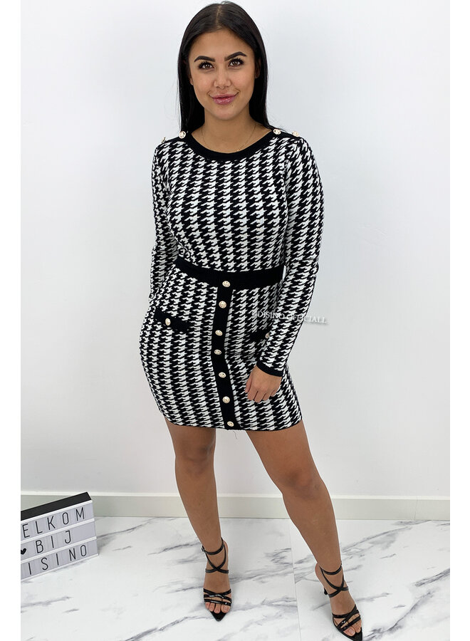 BLACK - 'DAVINA' - INSPIRED PRINT GOLD BUTTON DRESS