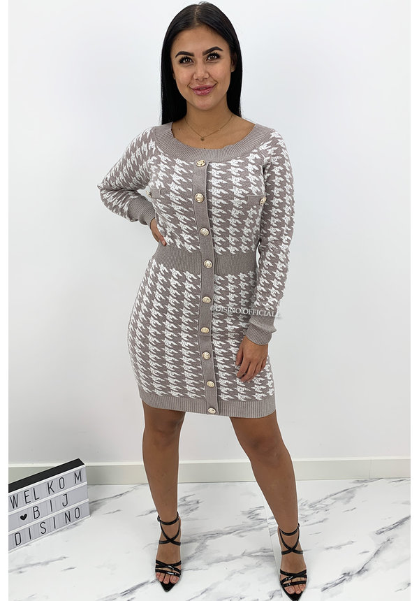 BEIGE - 'DAVINA' - INSPIRED PRINT GOLD BUTTON DRESS