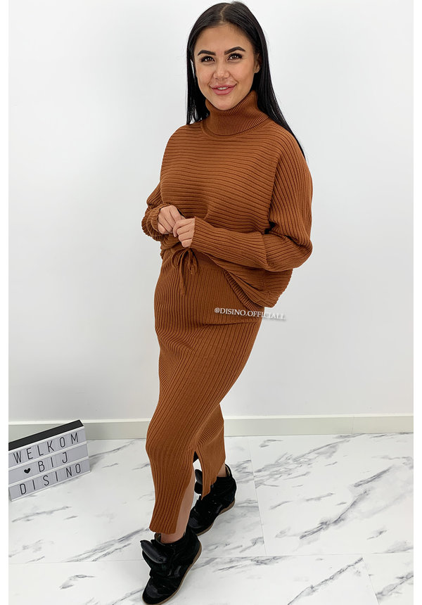 BROWN - 'LARISSA SKIRT' - PREMIUM QUALITY RIBBED COL COMFY SET