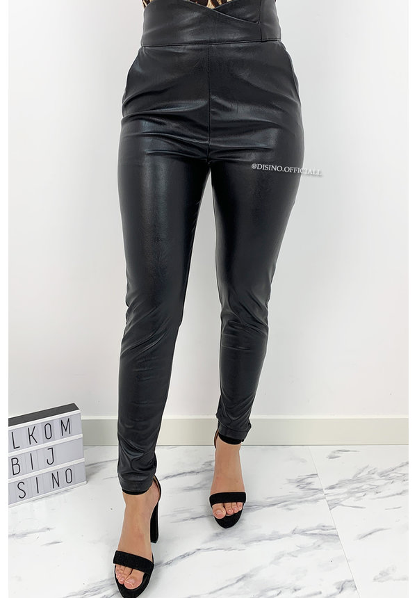 BLACK - 'LEATHER CHRISSY' - CROSS OVER HIGH WAIST PANTS