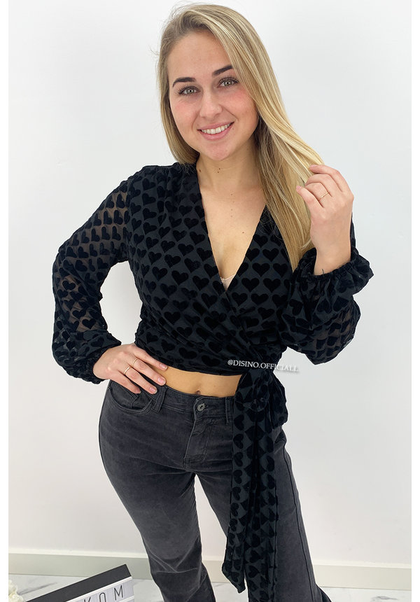 BLACK - 'MIYA BLOUSE' - PREMIUM QUALITY VELVET HEARTS WRAP BLOUSE