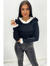 BLACK - 'BRYNN' - RIBBED RUFFLE TOP WITH COLLAR