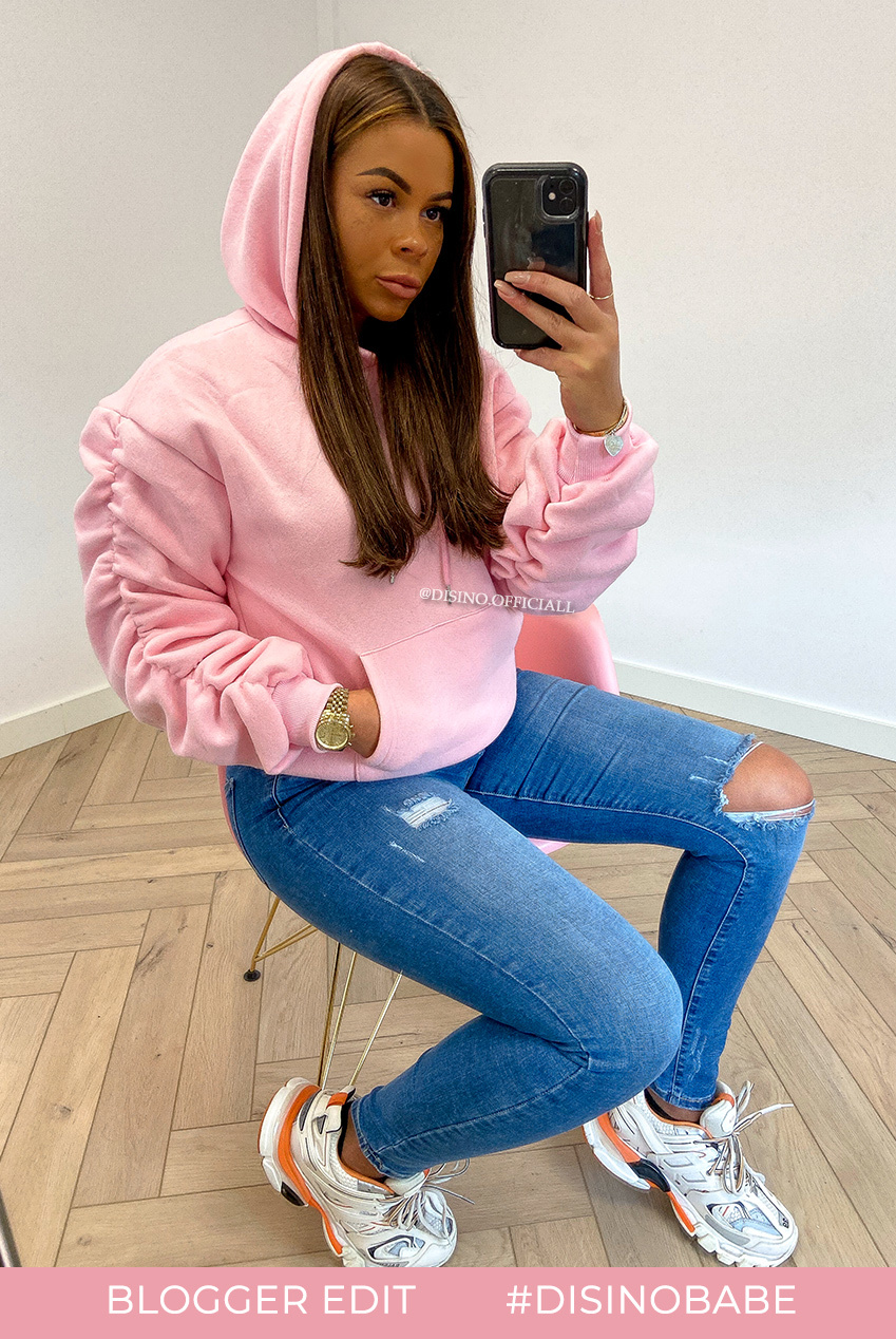 ruched sleeve hoodie pink