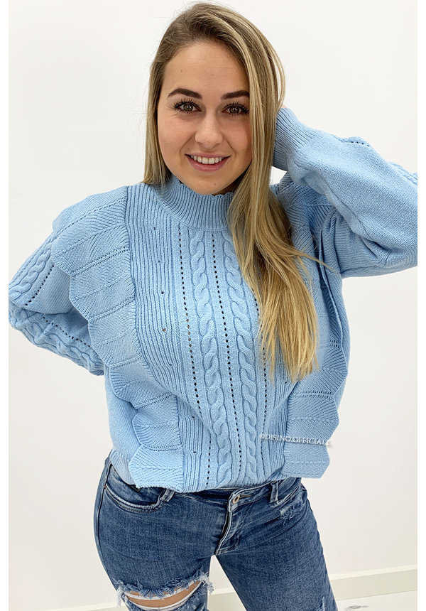 LIGHT BLUE - 'LIVIA V2' - PREMIUM QUALITY KNITTED RUFFLE SWEATER