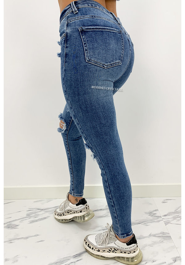 QUEEN HEARTS JEANS - WASHED BLUE - RIPPED SKINNY HIGH WAIST - 851