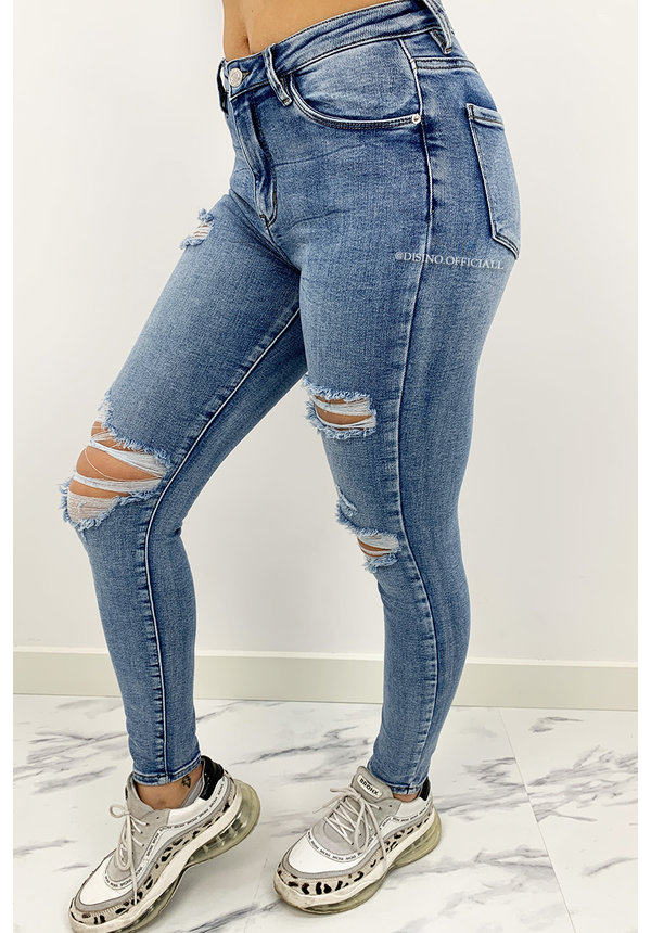 QUEEN HEARTS JEANS - WASHED BLUE - RIPPED SKINNY HIGH WAIST - 890