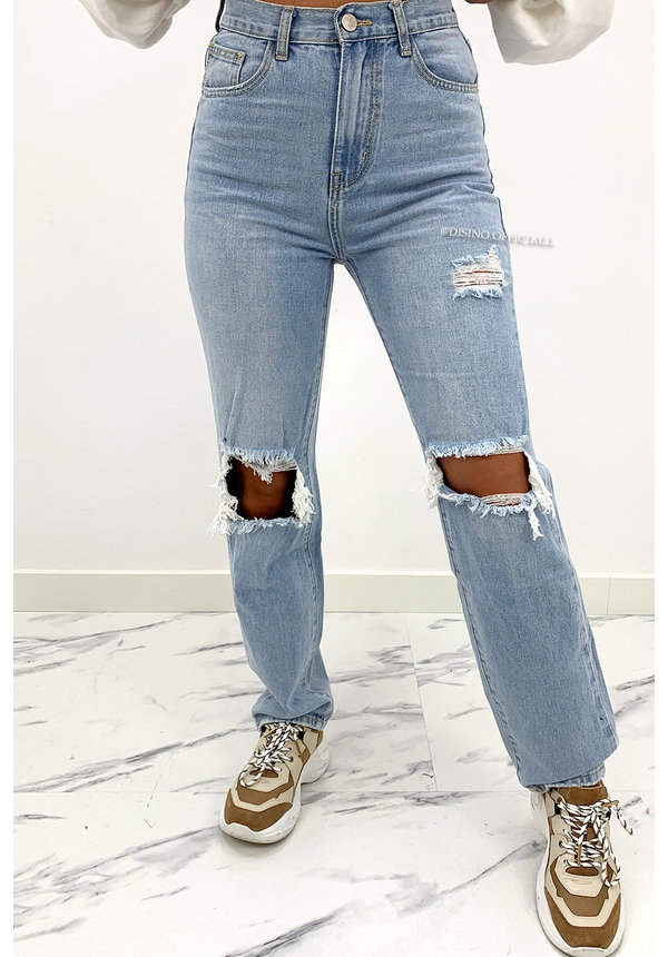 REDIAL - WHITEWASH BLUE - HIGH WAIST RIPPED KNEE BOYFRIEND JEANS