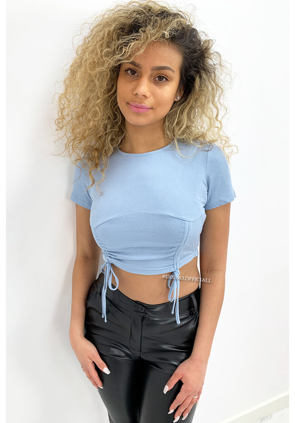 LIGHT BLUE - 'KIRA TOP' - RUCHED SHORT SLEEVE CROP TOP