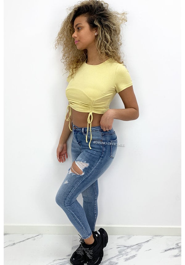 YELLOW - 'KIRA TOP' - RUCHED SHORT SLEEVE CROP TOP