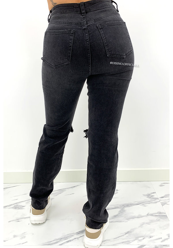 QUEEN HEART JEANS - BLACK - SUPER STRETCH RIPPED KNEE BOYFRIEND JEANS - 807