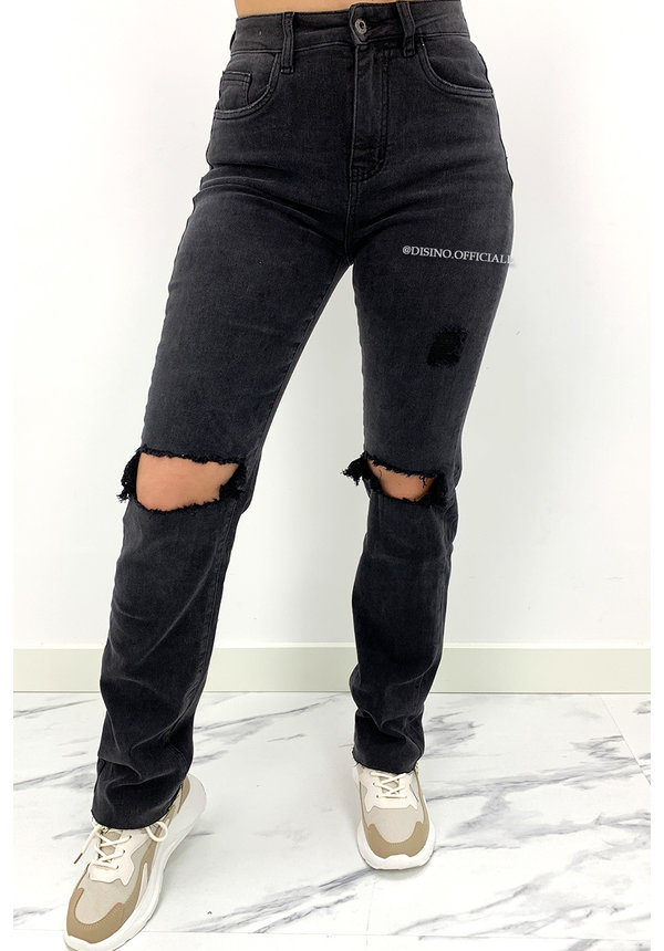 QUEEN HEART JEANS - BLACK - SUPER STRETCH RIPPED KNEE BOYFRIEND JEANS - 807