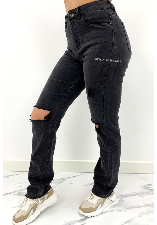 QUEEN HEART JEANS - BLACK - SUPER STRETCH RIPPED KNEE BOYFRIEND JEANS - 807