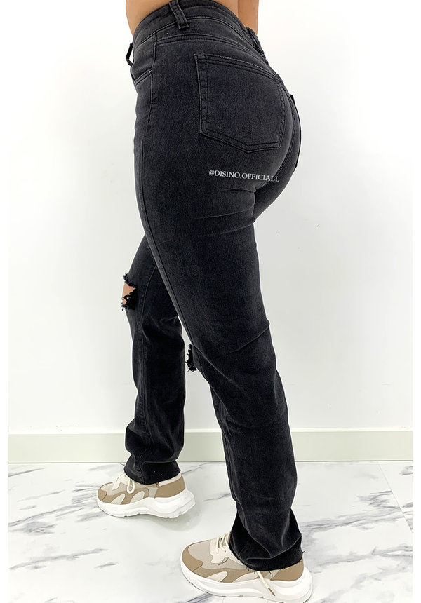 QUEEN HEART JEANS - BLACK - SUPER STRETCH RIPPED KNEE BOYFRIEND JEANS - 807