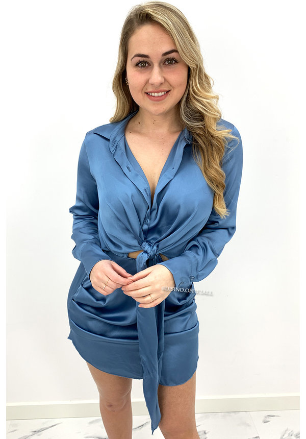 BLUE - 'CLAIRE' - SILKY KNOT BLOUSE DRESS