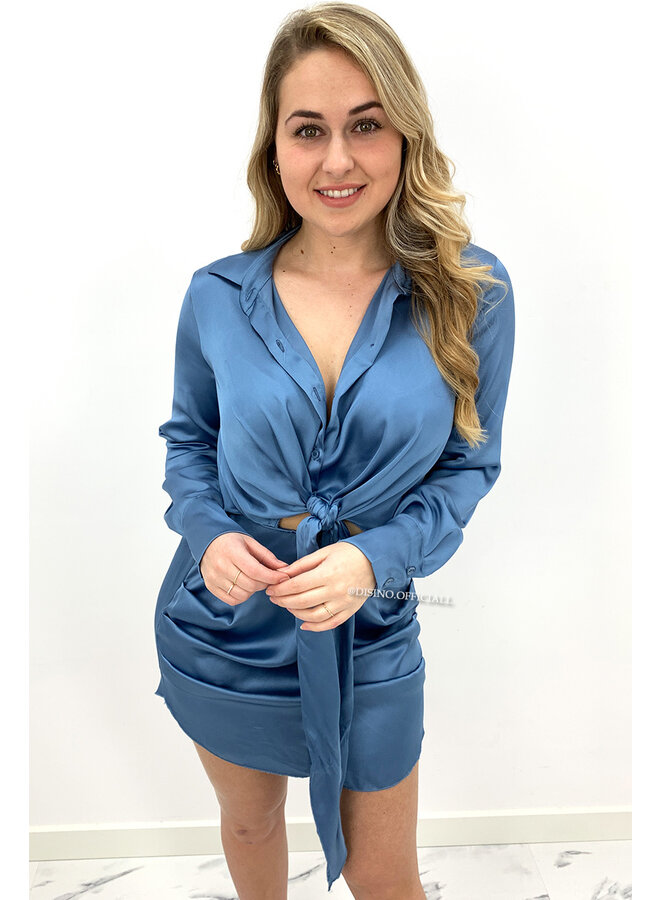 BLUE - 'CLAIRE' - SILKY KNOT BLOUSE DRESS