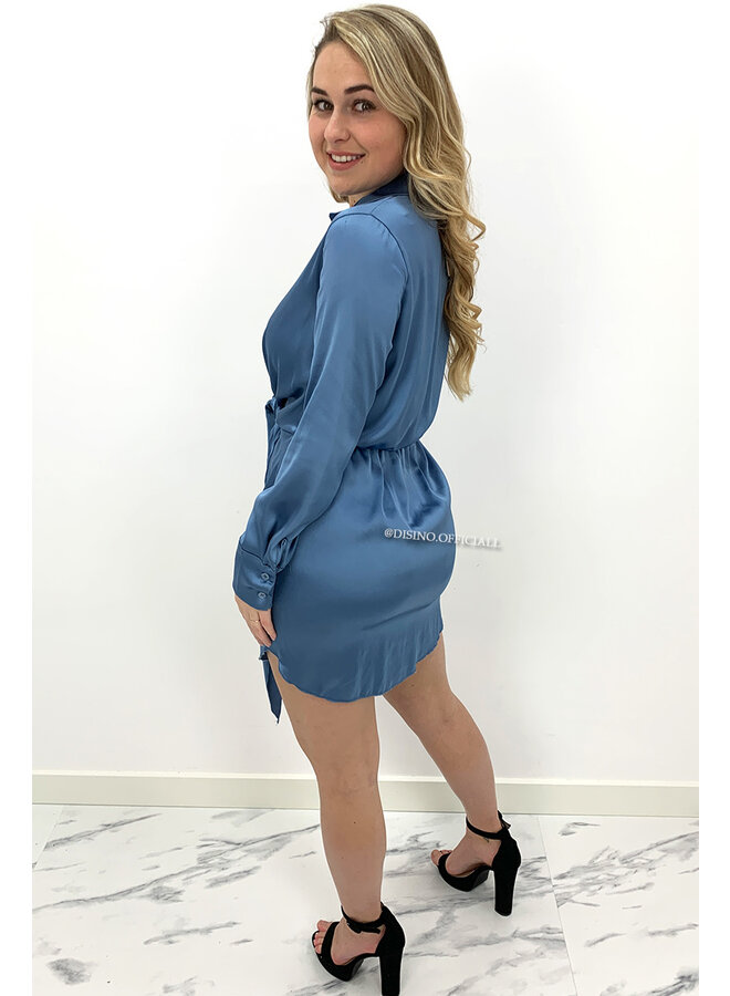 BLUE - 'CLAIRE' - SILKY KNOT BLOUSE DRESS