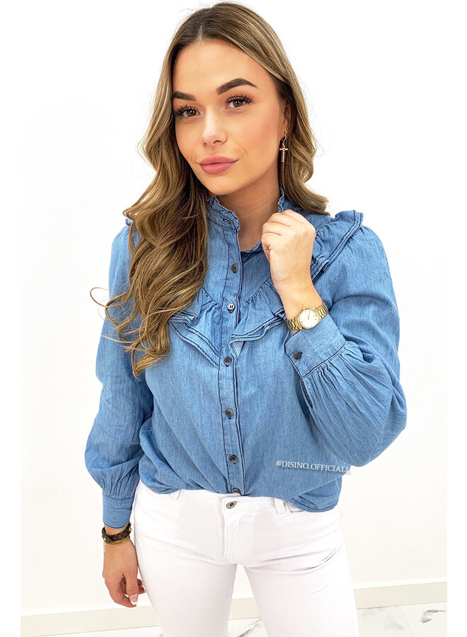 BLUE - 'ALEIDA' - DENIM LOOK RUFFLE BLOUSE