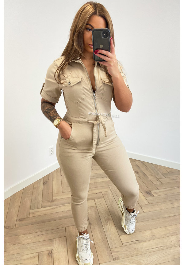 BEIGE - 'KRISS' - PREMIUM QUALITY SUPER STRETCH DENIM JUMPSUIT