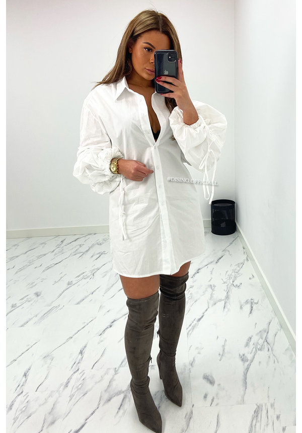 WHITE - 'AALIYAH' - OVERSIZED BOYFRIEND RUCHES SLEEVE BLOUSE DRESS