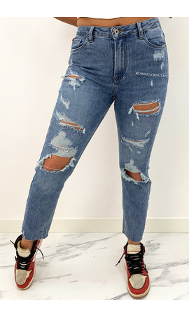 QUEEN HEART JEANS - BLUE - STRETCH RIPPED BOYFRIEND JEANS - 812