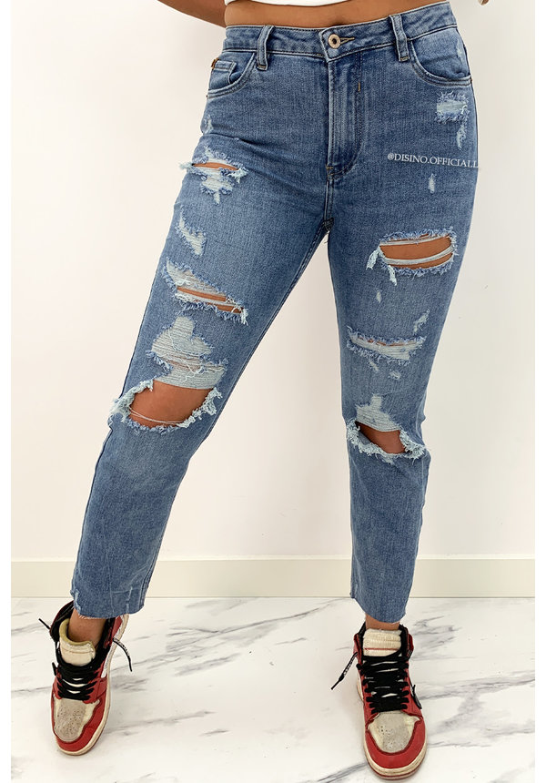 QUEEN HEART JEANS - BLUE - STRETCH RIPPED BOYFRIEND JEANS - 812