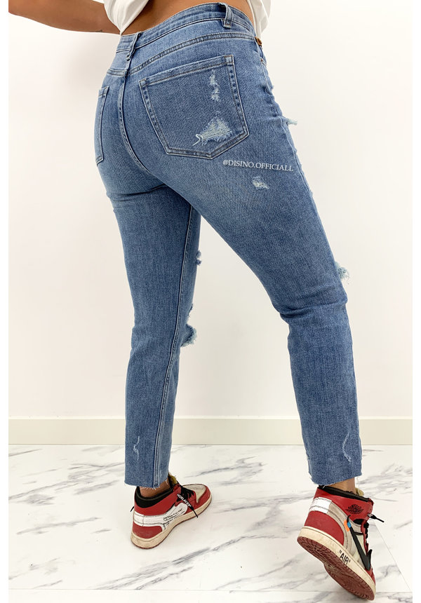 QUEEN HEART JEANS - BLUE - STRETCH RIPPED BOYFRIEND JEANS - 812