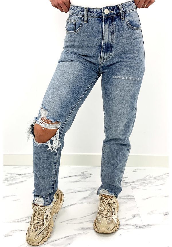 REDIAL - WHITE WASH BLUE - HIGH WAIST RIPPED MOM JEANS - 1357