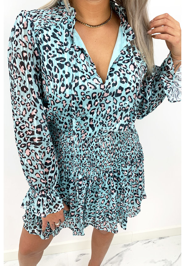 TURQUOISE - 'LUCYA' - LEOPARD RUFFLE DRESS