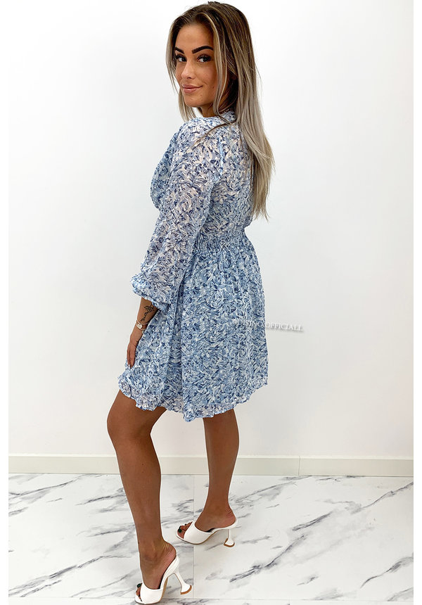 BLUE - 'BRYANNE' - FLORAL BUTTON UP A-LINE DRESS