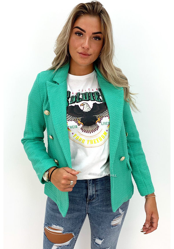 GREEN - 'LIANA' - GOLD BUTTON WAFFLE BLAZER