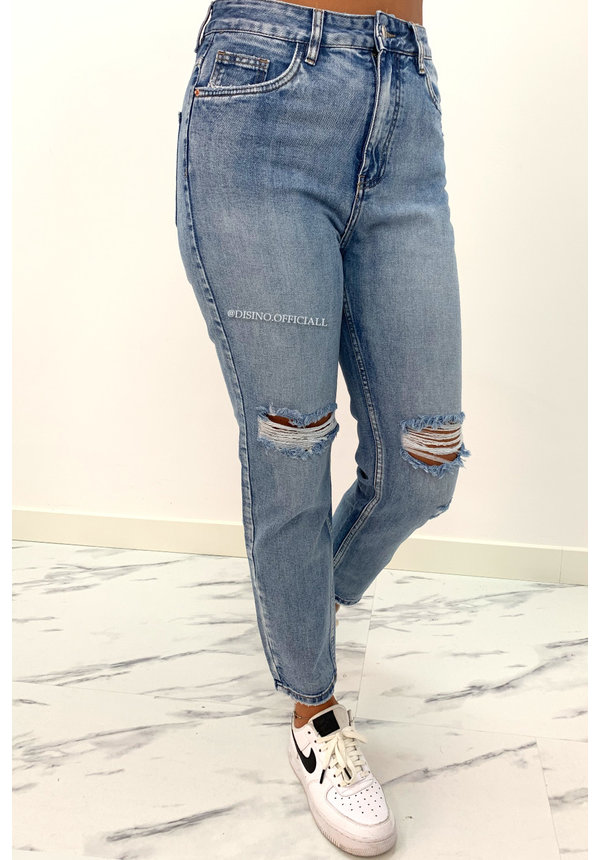 QUEEN HEART JEANS - BLUE - HIGH WAIST MUM JEANS RIPPED KNEE - 901