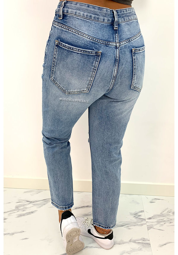 QUEEN HEART JEANS - BLUE - HIGH WAIST MUM JEANS RIPPED KNEE - 901