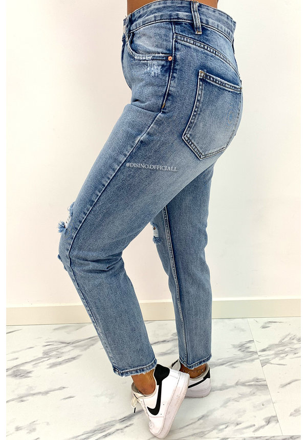 QUEEN HEART JEANS - BLUE - HIGH WAIST MUM JEANS RIPPED KNEE - 901